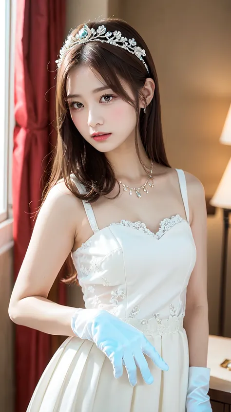 White Wedding Dress、(White Princess Line Wedding Dressing Table Headpiece、White necklace、White lace gloves、White pantyhose:1.2)，(White skirt、Beautiful embroidery、White lace garter:1.2)，Beautiful necklace, hotel、Perfect proportion、Lovely、((18 year old femal...