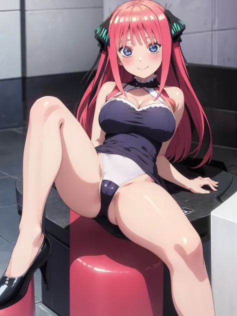 best quality, ultra-detailed masterpiece, anime art style, cute characters, nino nakano, large breasts, blush, smile, open legs