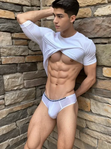 Un chico , 14 years old very beautiful, piel blanca con rasgos finos, poca ropa, pectorales fuertes definidos, al descubierto, desnudos, piernas musculosas, hermosos pezones grandes obscuros grandes y puntiagudos, abs definidos, 