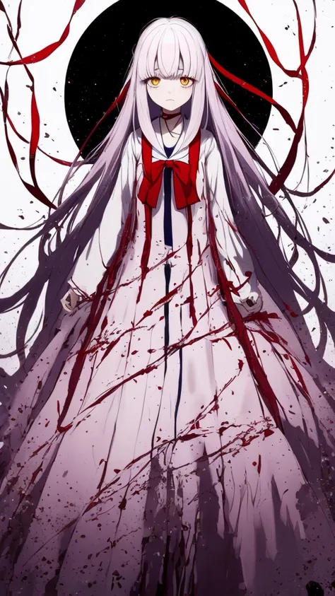 the anime, with , red ribbon around the neck, yellow eyes, pink dress, white sleeves, (indigo hair), sad face, girl in depressio...