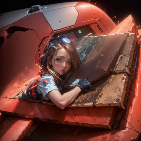 (highres:1.2),pilot outfit,woman,cute,sexy,red lion,Voltron,cockpit,volcano,nearby,portraits,landscape,vivid colors,bokeh,studio lighting.