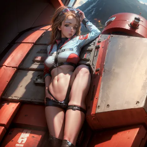 (highres:1.2),pilot outfit,woman,cute,sexy,red lion,Voltron,cockpit,volcano,nearby,portraits,landscape,vivid colors,bokeh,studio lighting.