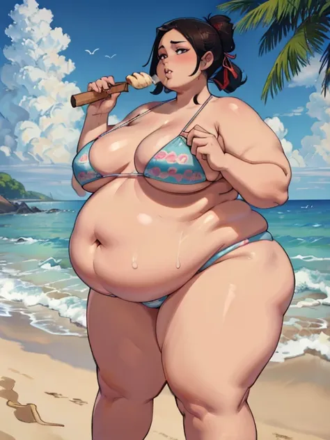 Info Yamanaka, big cheeks, bikini, double chin, chubby body,bbw, morbidly obese, fat rolls, bloated belly, weight gain, beach, eating ice cream 