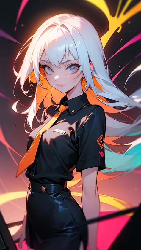 ((best quality)), ((masterpiece)), (detailed), perfect face. girl from a neon futuristic rhythm piano game. bright neon colors. She has long white hair with neon red steaks. her eyes are bright red colors. She is coming at the screen. she is wearing a whit...