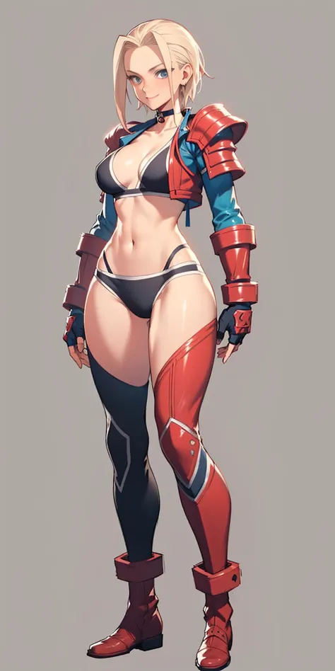 Drawing of cammy_white, cammy sf6, bang, scar on cheek (((Plain background:1.2))) ((masterpiece, best quality, 4k, 1girlsolo, 1MILF, mmplatz, smile, red cheeks, full body BIKINI RED armor, BIKINI ARMOR) )view from below, looking to the viewer, arms to the ...