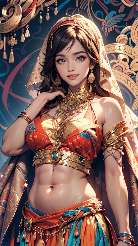 (masterpiece, highest quality, highest quality, Official Art, beautifully、aesthetic:1.2), (One girl:1.3), Very detailed,(Fractal Art:1.2),colorful,Most detailed,(Tangled:1.2), (Dynamic pose), (Abstract background:1.5), (Traditional Costume:1.2), (Shiny ski...