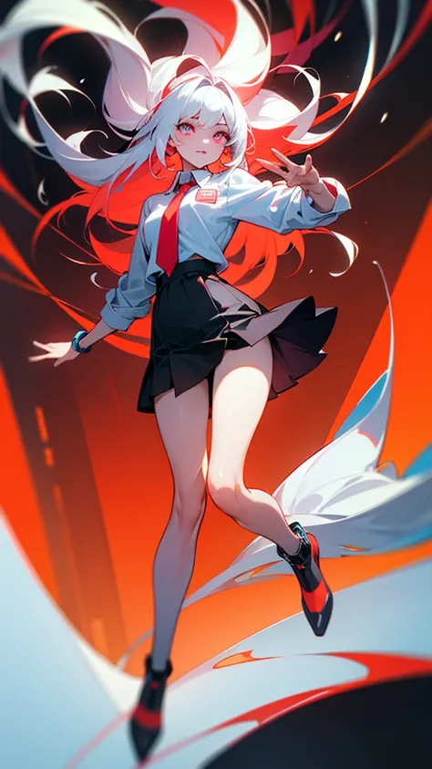 ((best quality)), ((masterpiece)), (detailed), perfect face. girl from a neon futuristic rhythm piano game. bright neon colors. She has long white hair with neon red steaks. her eyes are bright red colors. She is coming at the screen. she is wearing a whit...