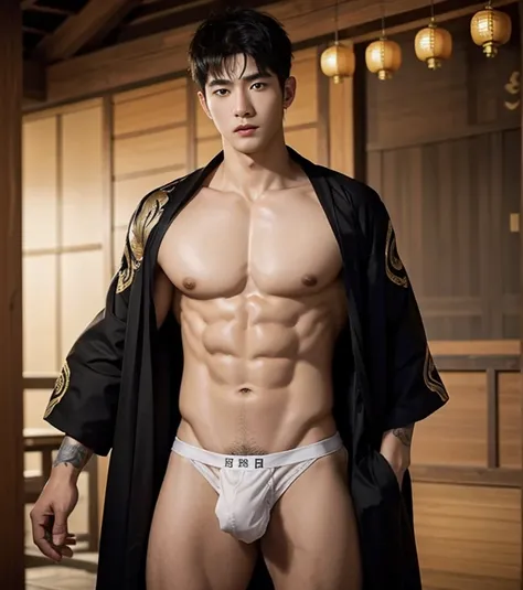 Chinese Men God, Mythology, Chinese odyssy, Handsome , young baby face,  Topless, Muscles, Athlete body, big chest abs, Full Frame, Sexy, Professional Lighting, Hanfu Outfit, Chinese Heaven Background,white  g string  Underwear, white transparent thong , S...