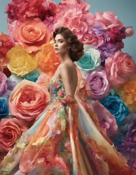 ransport viewers into a realm of awe-inspiring beauty and boundless imagination with an electrifying painting that marries the ethereal allure of a Rainbow Rose with the avant-garde glamour of high fashion.

Envision a transcendent fashion spectacle unfold...