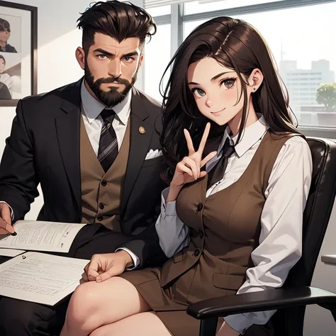 Drawing portrait of a serious 45-year-old man, Much older than the girl, and he is sitting in his office chair with a young girl by his side. The man has black hair combed back in a pompadour style, and the sides are shaved, the length of his hair is short...