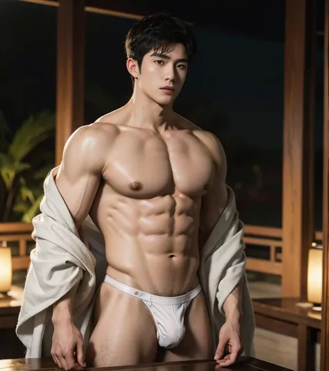 Chinese Men God, Mythology, Chinese odyssy, Handsome , young baby face,  Topless, Muscles, Athlete body, big chest abs, Full Frame, Sexy, Professional Lighting, Hanfu Outfit, Chinese Heaven Background,white  g string  Underwear, white transparent thong , S...