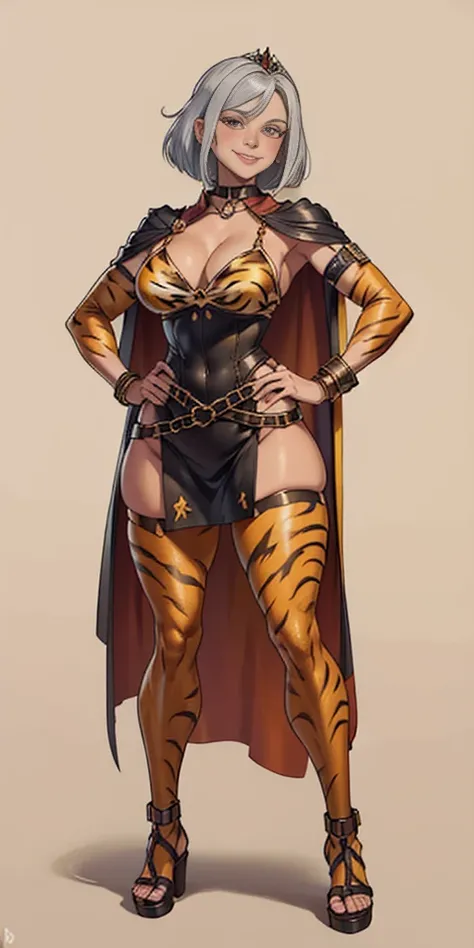 ((Masterpiece, plain background,1:2, masterpiece)) full body standing with two long yellow tiger print stockings, toned thighs,cleavage, separate yellow tiger print stockings thighs and sleeves, tiara royal, long cape up to two feet, yellow tiger bikini pr...