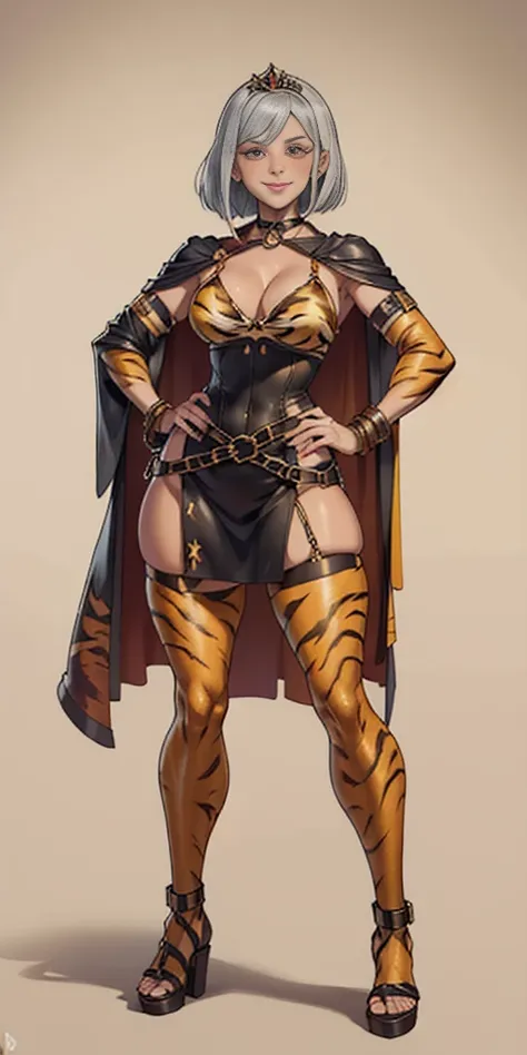 ((Masterpiece, plain background,1:2, masterpiece)) full body standing with two long yellow tiger print stockings, toned thighs,cleavage, separate yellow tiger print stockings thighs and sleeves, tiara royal, long cape up to two feet, yellow tiger bikini pr...