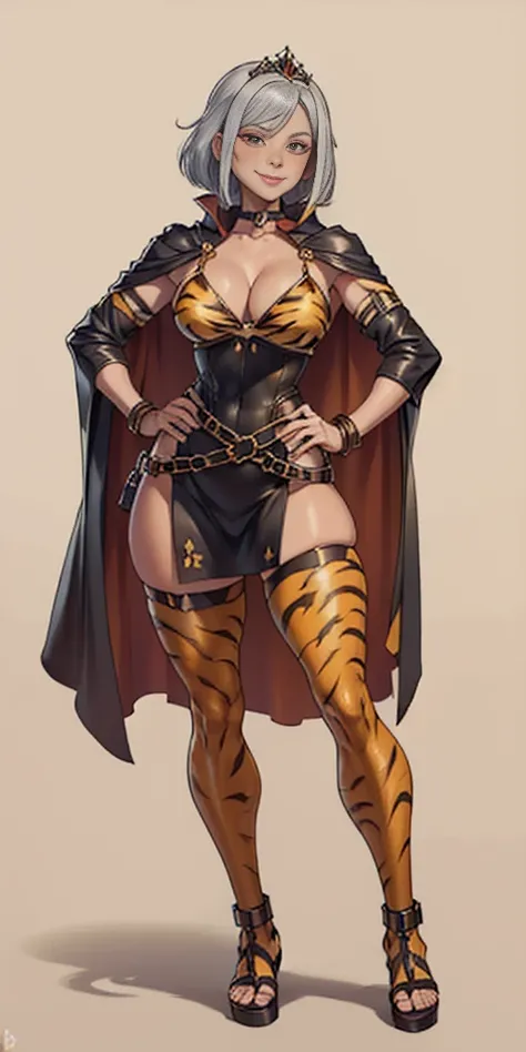 ((Masterpiece, plain background,1:2, masterpiece)) full body standing with two long yellow tiger print stockings, toned thighs,cleavage, separate yellow tiger print stockings thighs and sleeves, tiara royal, long cape up to two feet, yellow tiger bikini pr...