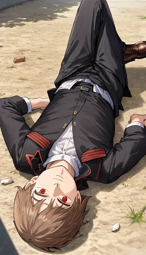 1man, light brown hair, red eyes, black jacket, white sando, black pants, brown shoes, laying down at ground, sleeping, male pro...