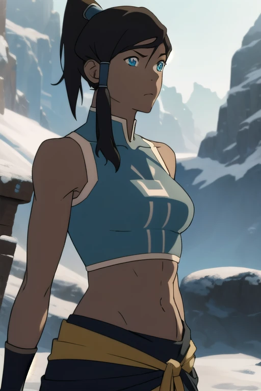 avatarkorra, korra, long hair, black hair, ponytail, dark skin, dark-skinned female, topknot, midriff, navel, (((tube top)))), (...