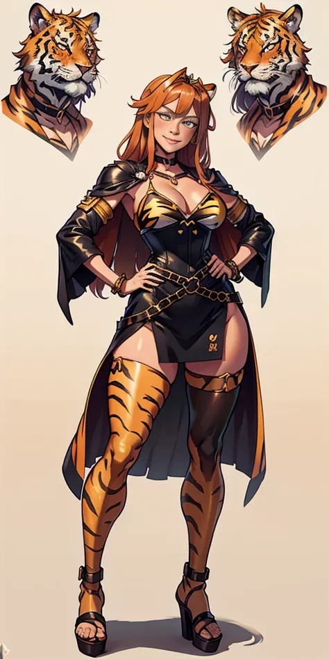 ((Masterpiece, plain background,1:2, masterpiece)) full body standing with two long yellow tiger print stockings, toned thighs, cleavage, separate yellow tiger print stockings thighs and sleeves, tiara royal, long cape up to two feet, yellow tiger bikini p...