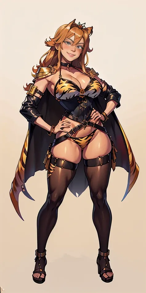 ((Masterpiece, plain background,1:2, masterpiece)) full body standing with two long yellow tiger print stockings, toned thighs, cleavage, separate yellow tiger print stockings thighs and sleeves, tiara royal, long cape up to two feet, yellow tiger bikini p...