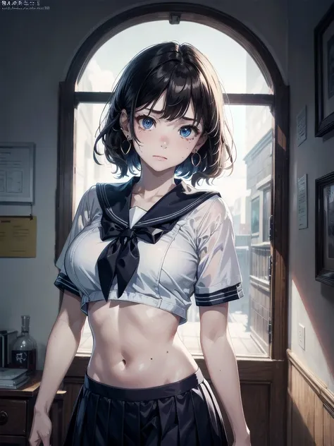 sailor school_uniform, absurdres, RAW photo, extremely delicate and beautiful, masterpiece, Best Quality, ultra high resolution, 32k, hyperrealistic, ultra-detailed, detailed description, pale skin, 20 years old, tearful mole, earring, Colossal tits, short...