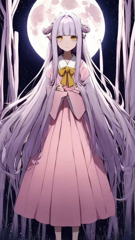 the anime, with , yellow eyes, pink dress, white sleeves, (indigo hair), sad face, girl in depression, full height, full-length ...