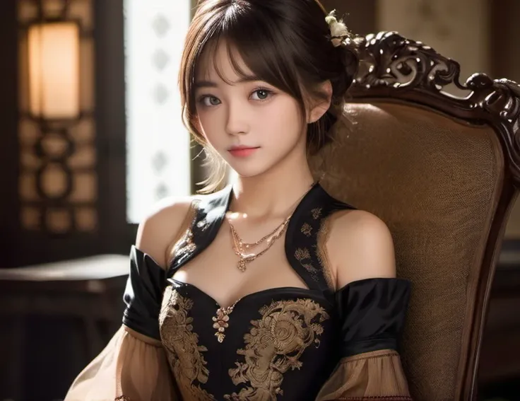 1 Japanese_woman,(Age 25), alone, cute, (Brown eyes ,Capture the light:1.5), Natural Skin, (Brown Hair), indoor ,(A shy smile), Sit on a chair,(thin formal dresses),
Tenebrism, (Dramatic lighting:1.2), Deep Shadow, Impressive highlights, Strong contrast, B...