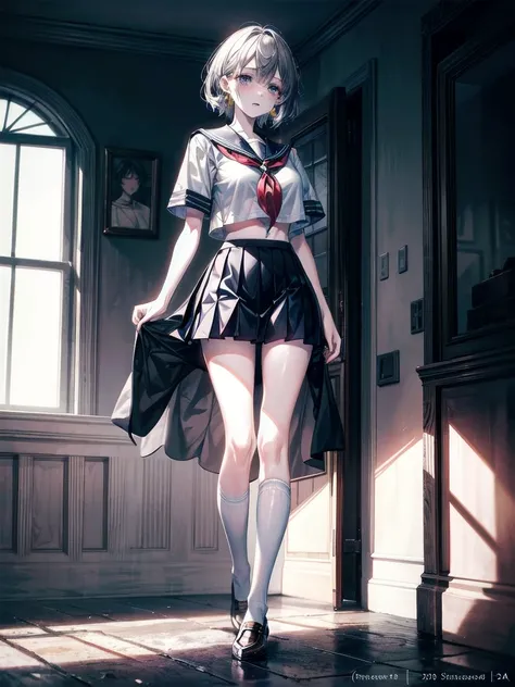 sailor school_uniform, absurdres, RAW photo, extremely delicate and beautiful, masterpiece, Best Quality, ultra high resolution, 32k, hyperrealistic, ultra-detailed, detailed description, pale skin, 20 years old, tearful mole, earring, Colossal tits, short...