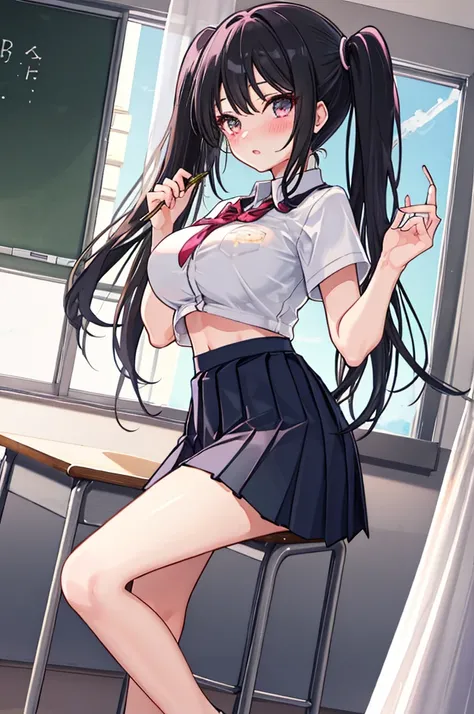 A girl，twintails，Long hair，Black Hair，((transparent))，Open the shirt，Towering breasts，Slim waist，Showing belly，Pleated Skirt，Smooth legs，blush，classroom，