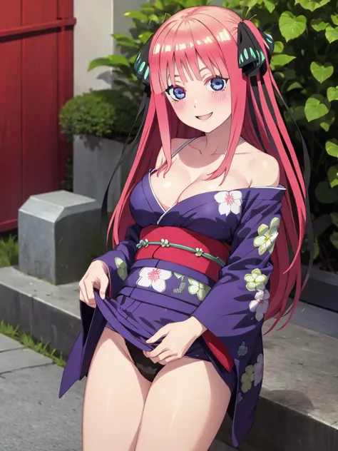 best quality, ultra-detailed masterpiece, nino nakano large breasts, blush, smile, kimono, kyoto