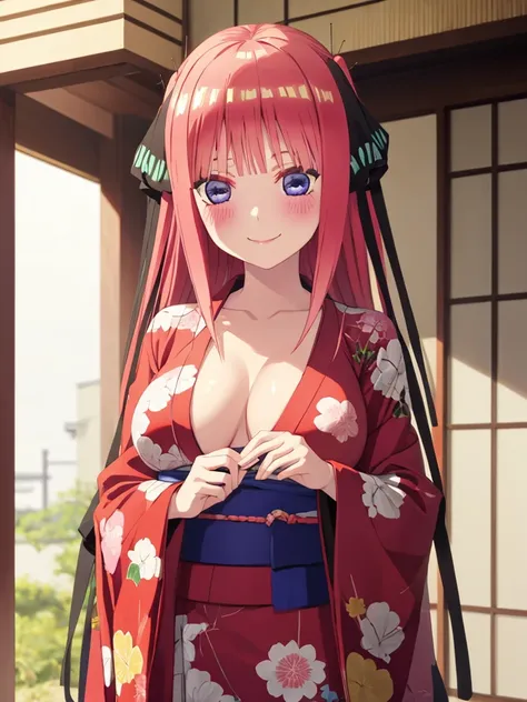 best quality, ultra-detailed masterpiece, nino nakano large breasts, blush, smile, kimono, kyoto