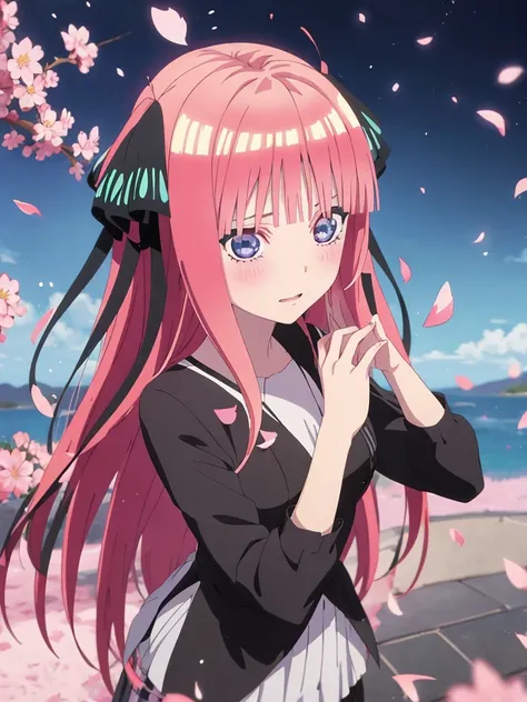 A girl with pink hair is posing for a photo, Best Anime 4K, nino nakano , sakura petals around her, Splash Art Anime, Anime Style 4k, Anime Moe Art Style, High quality anime art style, Detailed anime artwork, Anime Wallpaper, Anime Best Girl