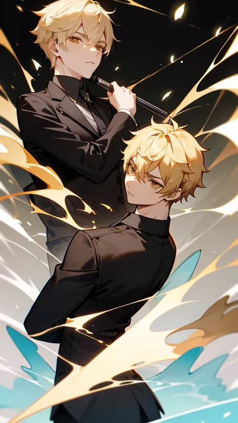 Aether from Genshin Impact as a hitman. Short blonde Hair. Golden Eyes. 1boy. Cold Stare.