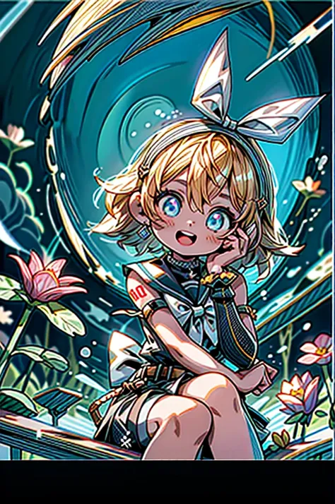 Kagamine Rin(vocaloid),solo,1girl(cute,kawaii,big smile,open mouth,hair floating,blue eyes,big eyes,(blonde hair),(short hair:1.4), number tattoo"02",(big white ribbon bow:1.3),white shirt,detached black sleeves,belt,sailor collar,white headphones,black sh...