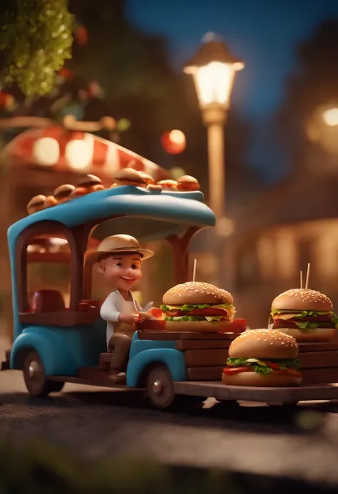 Caricatura animada en 3 D una carreta rodante con hamburguesas y jugos 