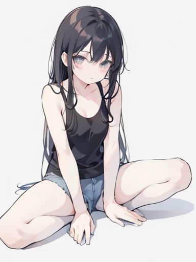 masterpiece, highest quality,Tank top,Shorts、Tall and busty woman,,no background,  flat chest,Full body illustration, Long black hair, Full body portrait, anime ,Sporty clothes,Lying on the ground,spread legs