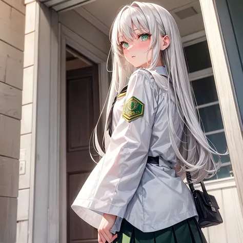 female, dark green eyes, white hair, blushing, highschool student, uniform 