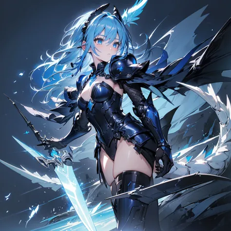 ((high resolution　Blue Hair　long髪　Black Armor　Dragon Knight　thunder　Lonely　despair))　((night　Western style　chest　Shining Aura　gloves))　(Big feather　Dance　Blade of Light　Holding a spear　long　Slashing)　night　thunder　star　Slashing　Catch the wind　