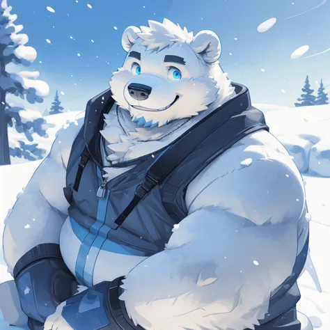 New Jersey 5 Furry，polar bear，portrait，sit alone，Exquisite， Chubby，Fat，Thick arms，Rugged muscles，White plush fur，Chubby脸，Black eyebrows，Sky blue eyes，Beard，Snow，Grass，Smile