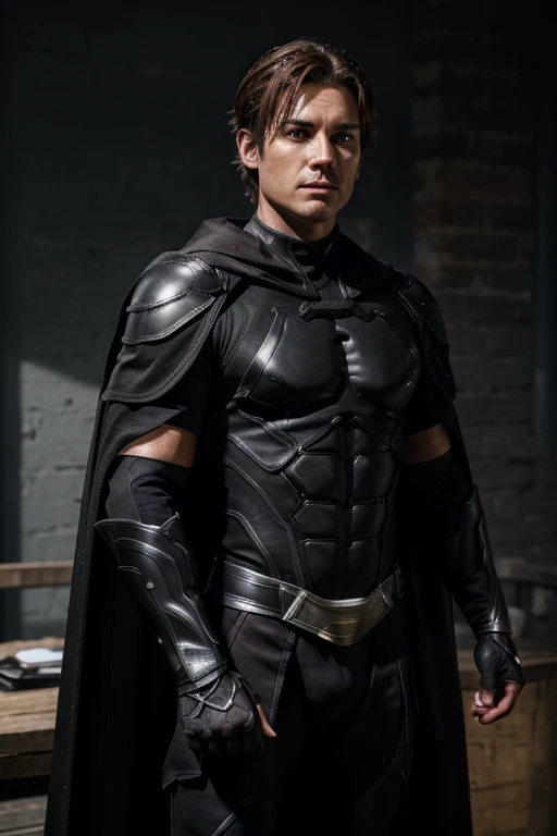 (high quality, highres, ultra-detailed), superhero man, godly silver armor, black cape, black gloves, black stripes on both sides of arms, no logo on armor, brown hair, superhero base, vibrant colors, dramatic lighting