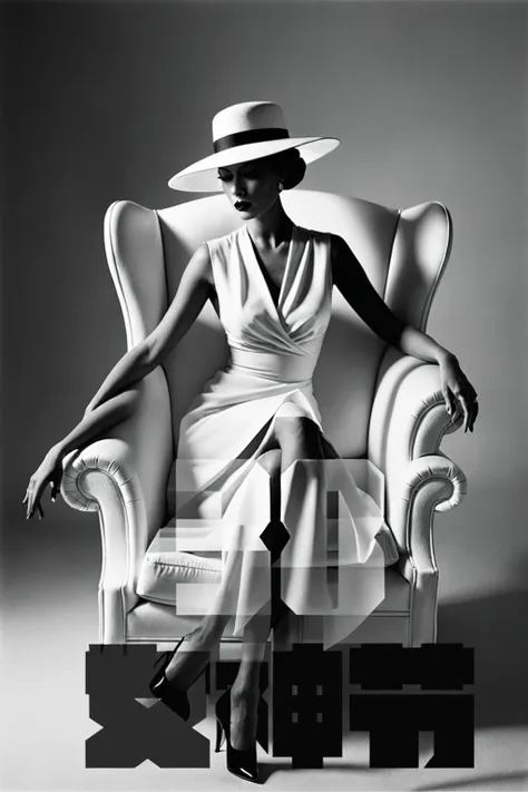 there is a woman sitting on a chair with a hat on, inspired by lillian bassman, sitting in an armchair, inspired by germaine kru...