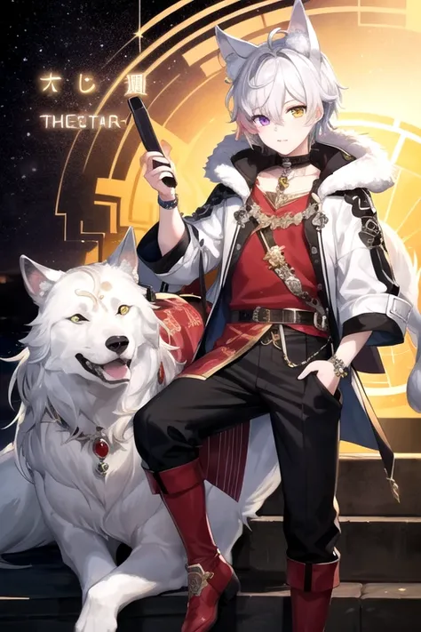 ((highest quality)), ((masterpiece)), (detailed), Perfect Face, One boy, Handsome man, 20〜30 years old, Vtuber model,2d character ((White wolf ears)),  Short Hair,Short cropped hair,Tuck hair behind ears, Shiny skin, Line art, Silver Hair,Idol Photo,((Hete...