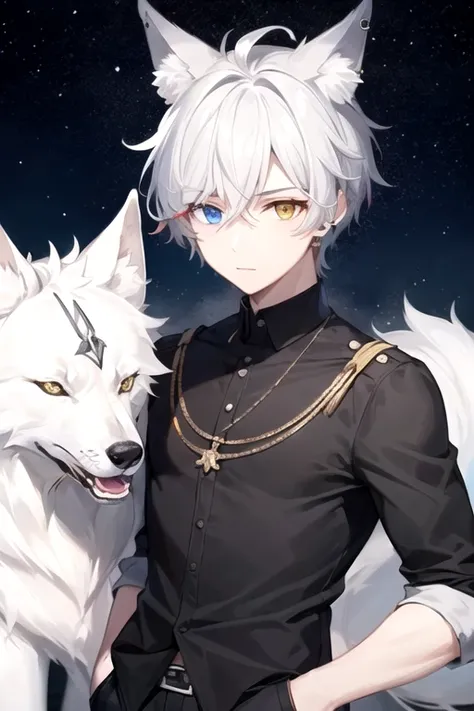 ((highest quality)), ((masterpiece)), (detailed), Perfect Face, One boy, Handsome man, 20〜30 years old, Vtuber model,2d character ((White wolf ears)),  Short Hair,Short cropped hair,Tuck hair behind ears, Shiny skin, Line art, Silver Hair,Idol Photo,((Hete...