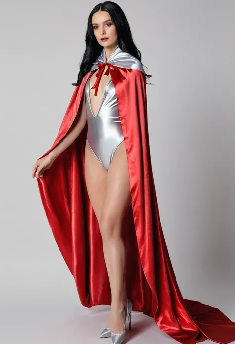 (RAW photo, best quality, masterpiece, ultra-detailed, high res), (realistic),(extremely delicate and beautiful:1), mesmerizing picture of beautiful girl with long black hair , wearing a long silver and red lined satin cape tied at the neck with a ribbon ,...