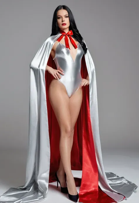 (RAW photo, best quality, masterpiece, ultra-detailed, high res), (realistic),(extremely delicate and beautiful:1), mesmerizing picture of beautiful girl with long black hair , wearing a long silver and red lined satin cape tied at the neck with a ribbon ,...