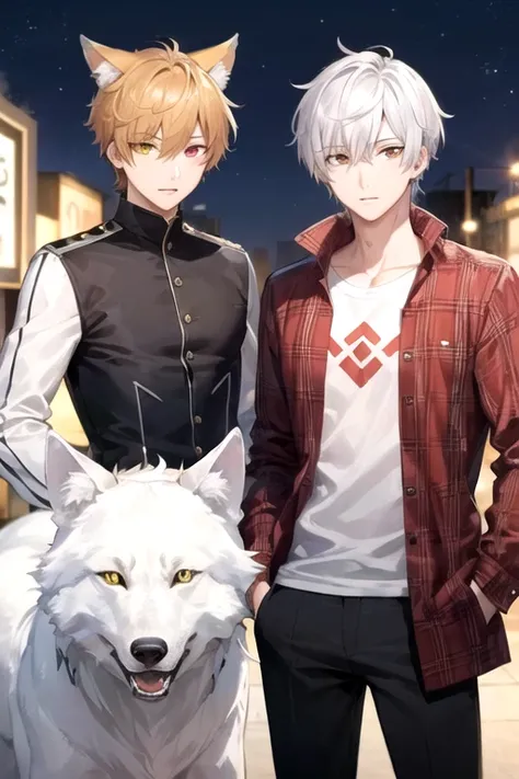 ((highest quality)), ((masterpiece)), (detailed), Perfect Face, One boy, Handsome man, 20〜30 years old, Vtuber model,2d character ((White wolf ears)),  Short Hair,Short cropped hair,Tuck hair behind ears, Shiny skin, Line art, Silver Hair,Idol Photo,((Hete...