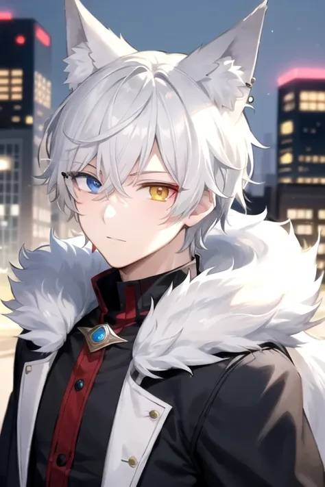 ((highest quality)), ((masterpiece)), (detailed), Perfect Face, One boy, Handsome man, 20〜30 years old, Vtuber model,2d character ((White wolf ears)),  Short Hair, Shiny skin, Line art, Silver Hair,Idol Photo,((Heterochromia,Left eye glows yellow,Right eye...