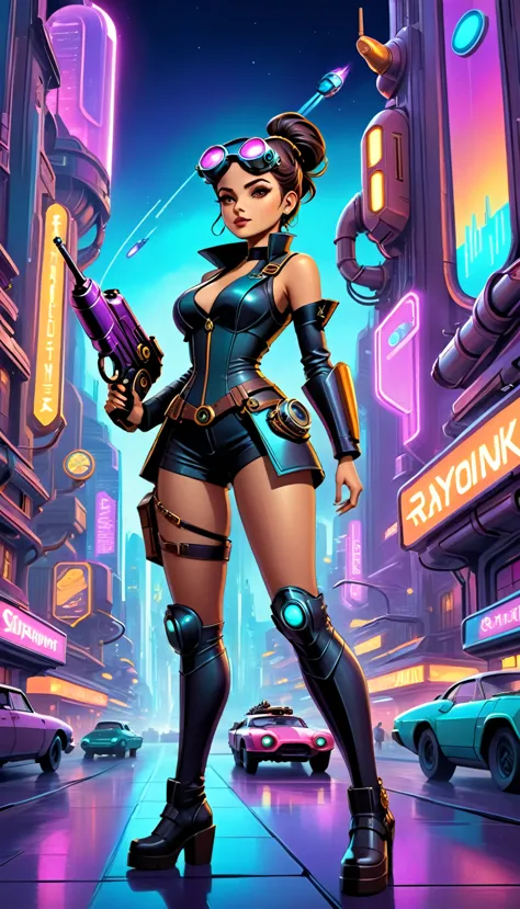 a girl in an atompunk city, wearing a futuristic outfit, with glowing neon lights reflecting on her metallic, high-tech goggles ...