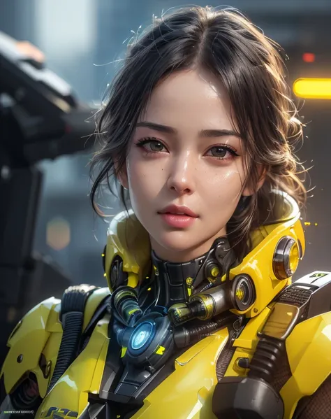 realistic portrait 8k,,  Special Forces yellowSquad" cyberpunk bikini robot(detailed face)((Focus on a bright, clear, smooth face.))neon reflection, realistic light hitting from the front,




