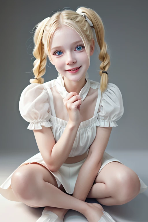 ,6-year-old girl,playful pose,dynamic pose,with your legs spread,transparent white blouse,short black skirt,white stockings,blonde hair,cute pigtails,beautiful detailed eyes,long eyelashes,bright smile,innocence,fair skin,soft shadows,dreamlike,serene land...