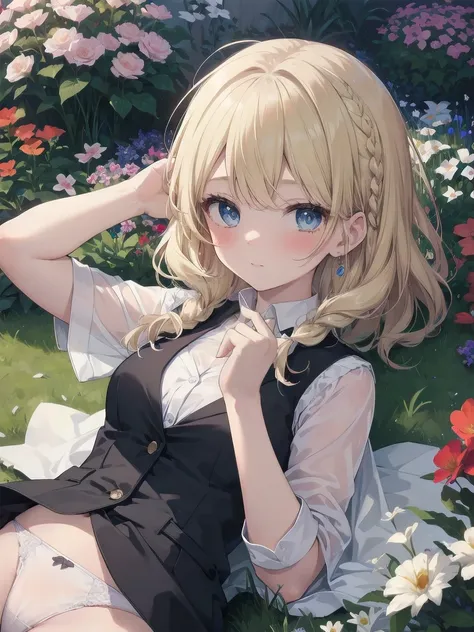 masterpiece, highest quality, Very detailed, 16k, Ultra-high resolution、One 14-year-old girl, Perfect Fingers, Detailed face, Blushing, blue eyes, Blonde, Braid, White panties, White blouse, Black vest, garden, flower bed, Lying on the grass