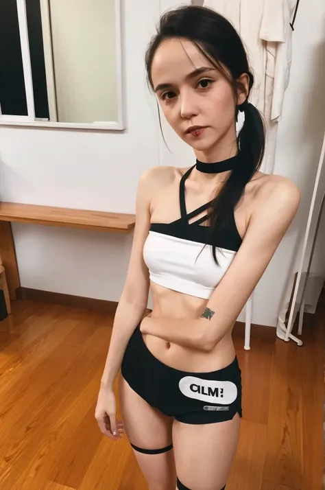 (masterpiece, best quality:1.2), lau,1girl, solo, slim body, skinny body, full body, black hair, choker, very short hotpants, white croptop, stockings, sexy, hot, beautiful, skinny legs, skinny arms, standing in room, 8k, from side, face closeup